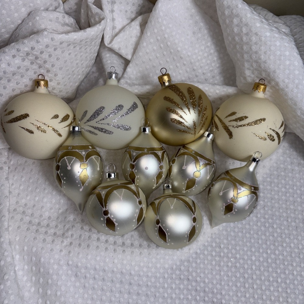 Vintage 10 Christmas Ornaments Glass Cream Gold Silver